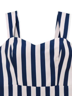 Hot Retro Stage 1930s Vertical Stripes Palm Trees Jumpsuit Blue