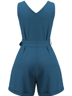 Best Retro Stage Blue 1950s V-Neck Button Waist Tie Romper