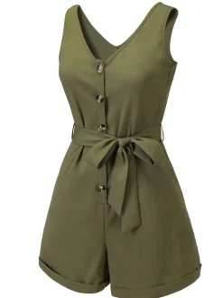 Best Retro Stage Blue 1950s V-Neck Button Waist Tie Romper