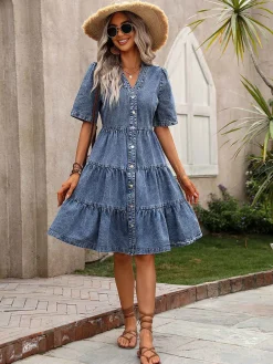 Sale Retro Stage 1970s V-Neck Half Sleeves Denim Dress Blue