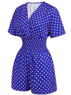 Best Retro Stage 1940s V-Neck Polka Dots Romper Blue