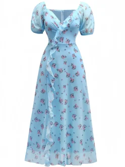 Fashion Retro Stage 1930s V-Neck Rose Mesh Ruffled Dress Blue