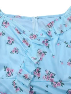 Fashion Retro Stage 1930s V-Neck Rose Mesh Ruffled Dress Blue