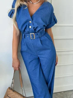 Clearance Retro Stage 1970s V-Neck Solid Jumpsuit Blue