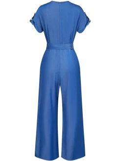 Clearance Retro Stage 1970s V-Neck Solid Jumpsuit Blue