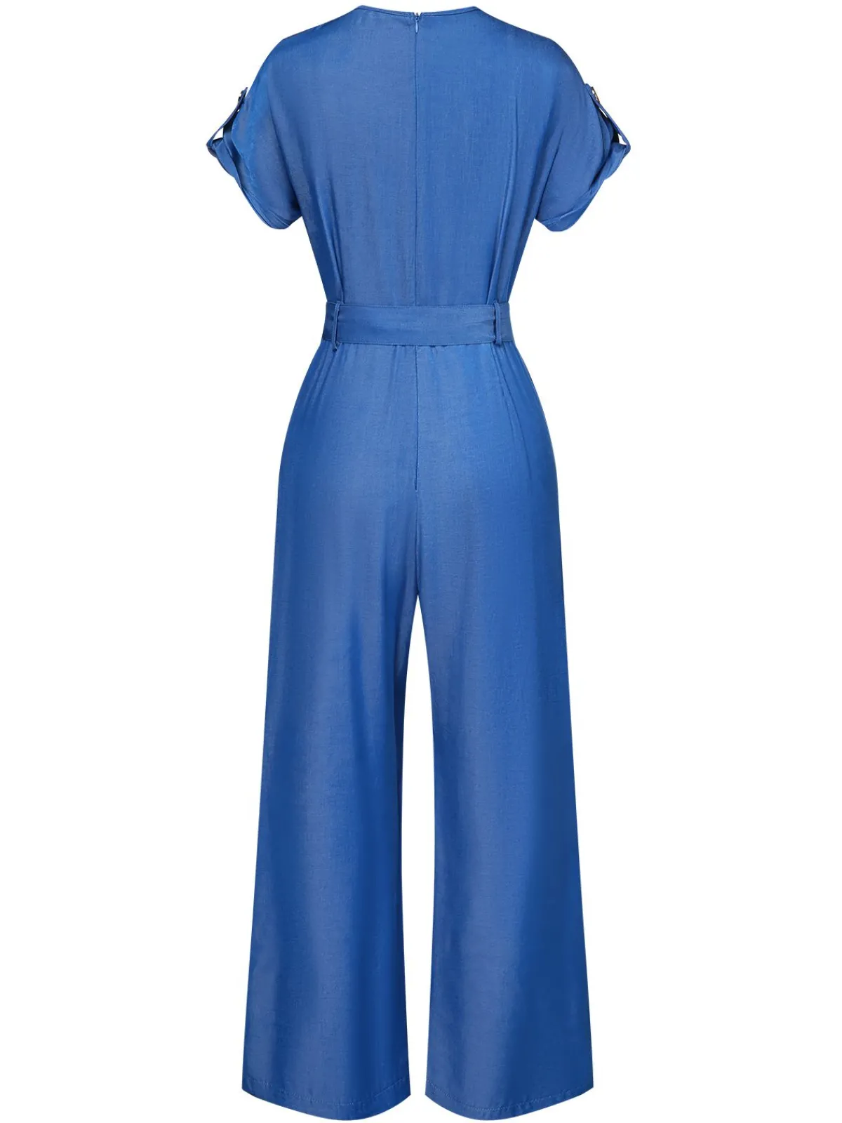 Clearance Retro Stage 1970s V-Neck Solid Jumpsuit Blue