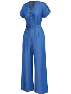 Clearance Retro Stage 1970s V-Neck Solid Jumpsuit Blue