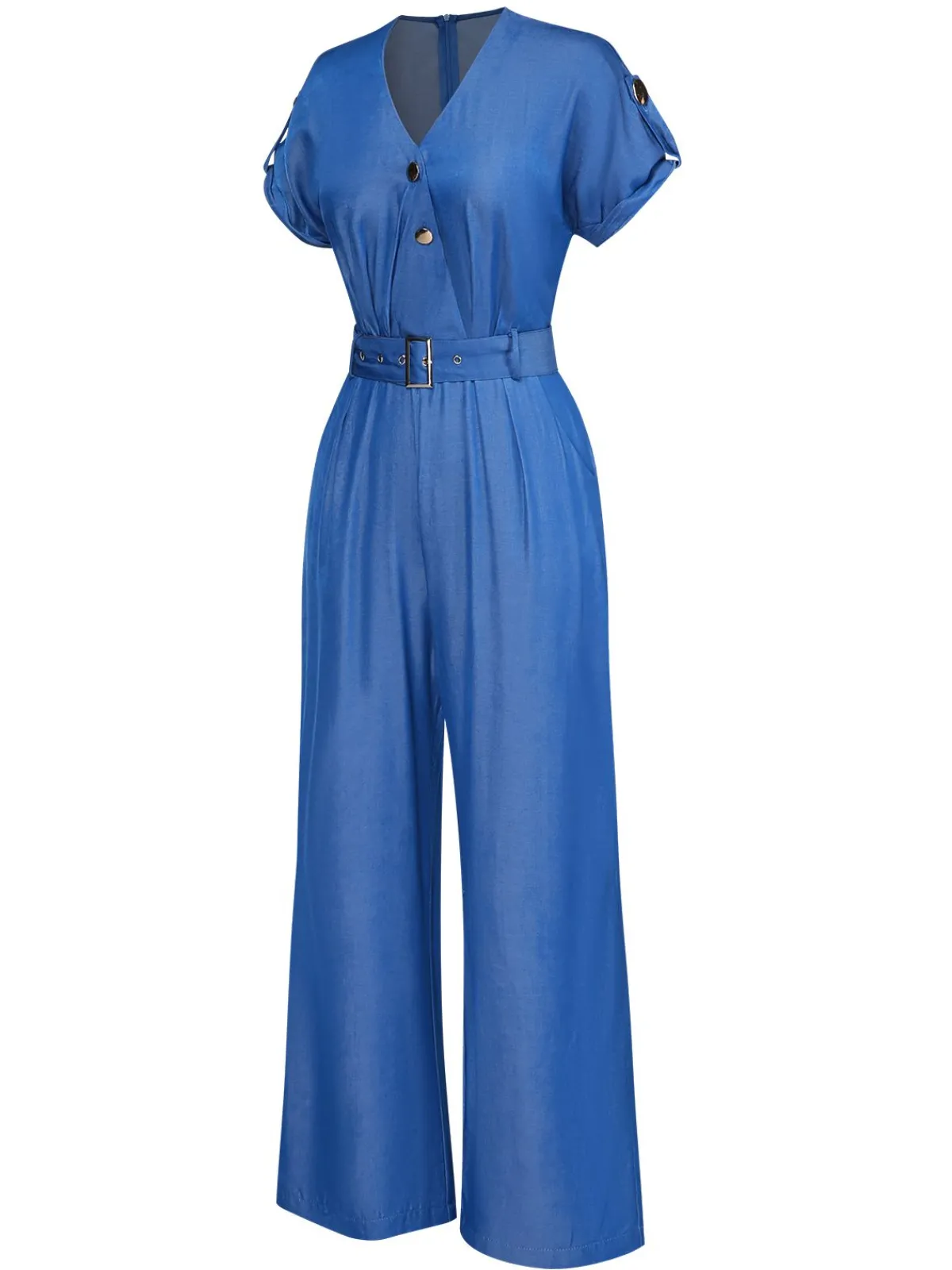Clearance Retro Stage 1970s V-Neck Solid Jumpsuit Blue