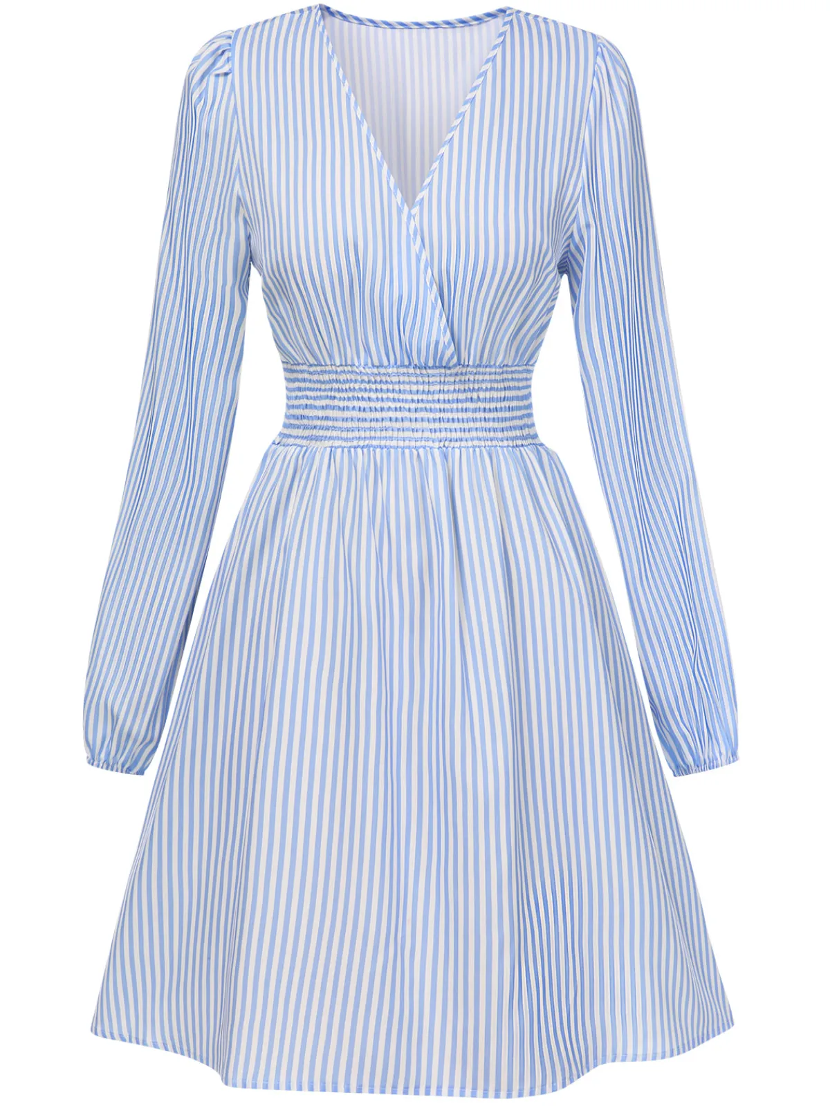 Best Retro Stage 1940s V-Neck Stripes Long Sleeve Dress Blue