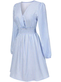 Best Retro Stage 1940s V-Neck Stripes Long Sleeve Dress Blue