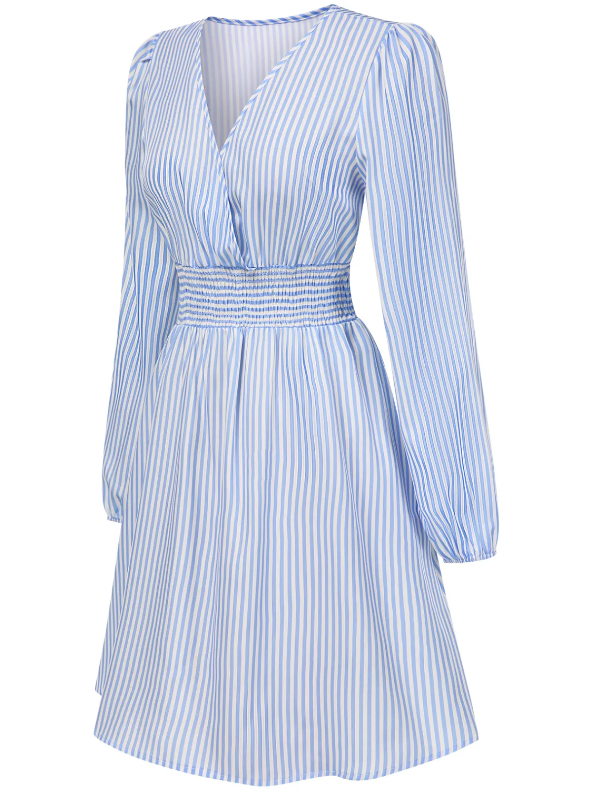 Best Retro Stage 1940s V-Neck Stripes Long Sleeve Dress Blue