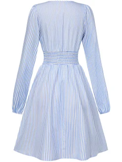 Best Retro Stage 1940s V-Neck Stripes Long Sleeve Dress Blue