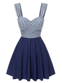 Outlet Retro Stage Blue 1940s Wide Straps Stripe Swim Dress Deep Blue