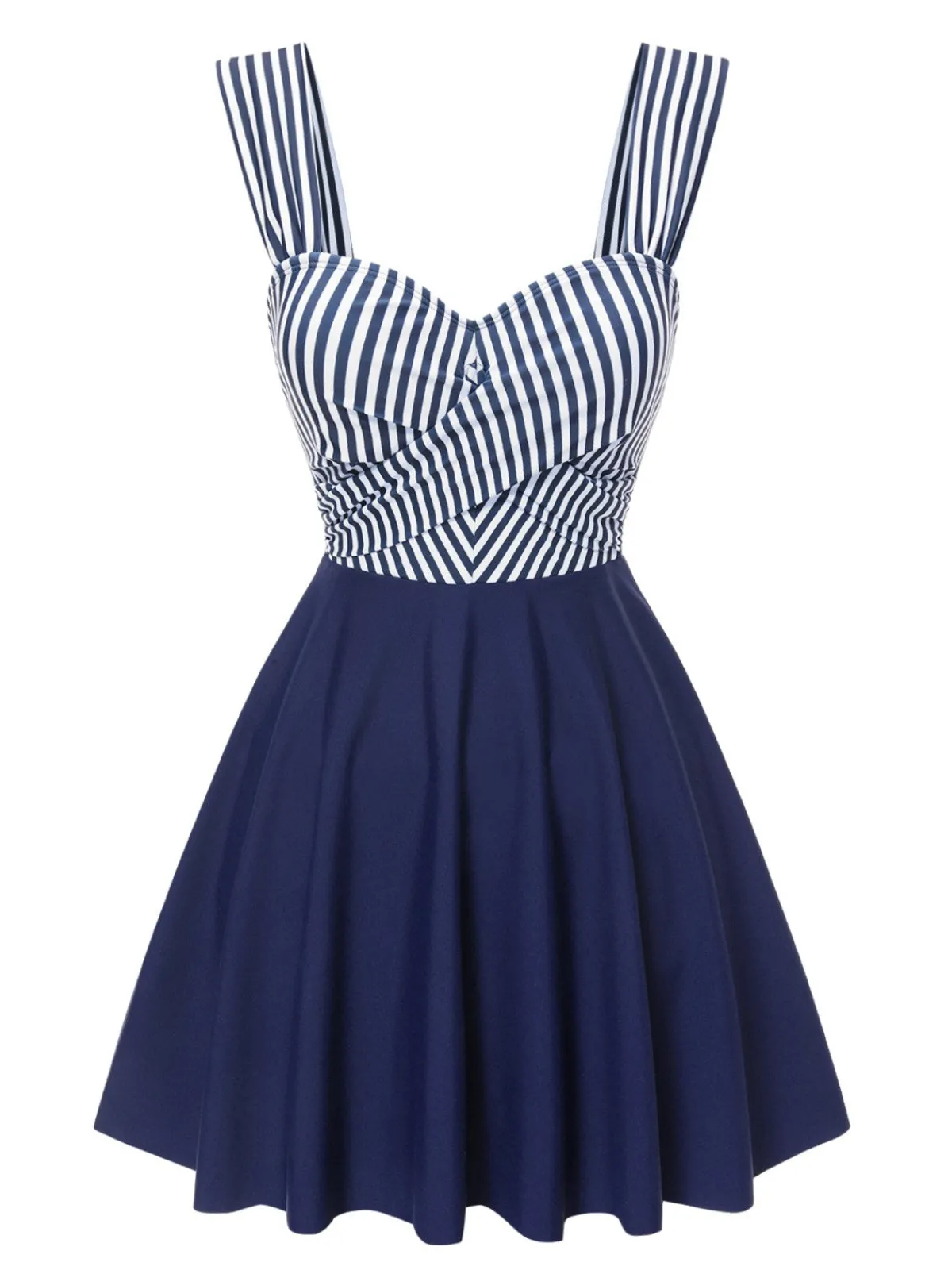 Outlet Retro Stage Blue 1940s Wide Straps Stripe Swim Dress Deep Blue