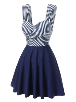 Outlet Retro Stage Blue 1940s Wide Straps Stripe Swim Dress Deep Blue