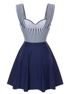 Outlet Retro Stage Blue 1940s Wide Straps Stripe Swim Dress Deep Blue