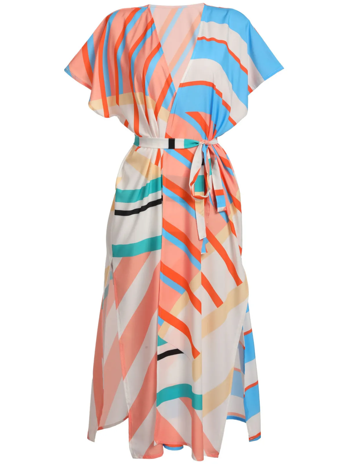 Best Retro Stage Bohemian Kimono Stripe Lace-Up Cover Up