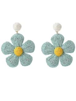 New Retro Stage Boho Ruffia Strass Flower Pendant Earrings