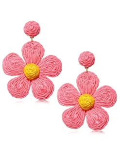 Hot Retro Stage Boho Ruffia Strass Flower Pendant Earrings