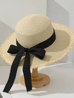 Outlet Retro Stage Bow Flat-Top Straw Wide-Brim Sun Hat