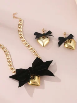 Outlet Retro Stage Bow Heart Necklace Earrings Set