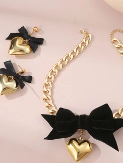 Outlet Retro Stage Bow Heart Necklace Earrings Set