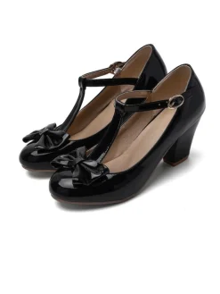 Online Retro Stage Bow Leather T-Strap Chunky Heel Shoes