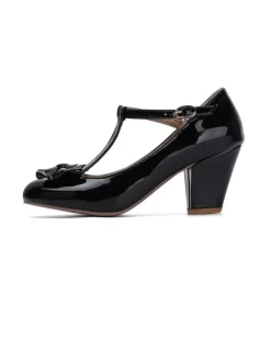 Online Retro Stage Bow Leather T-Strap Chunky Heel Shoes
