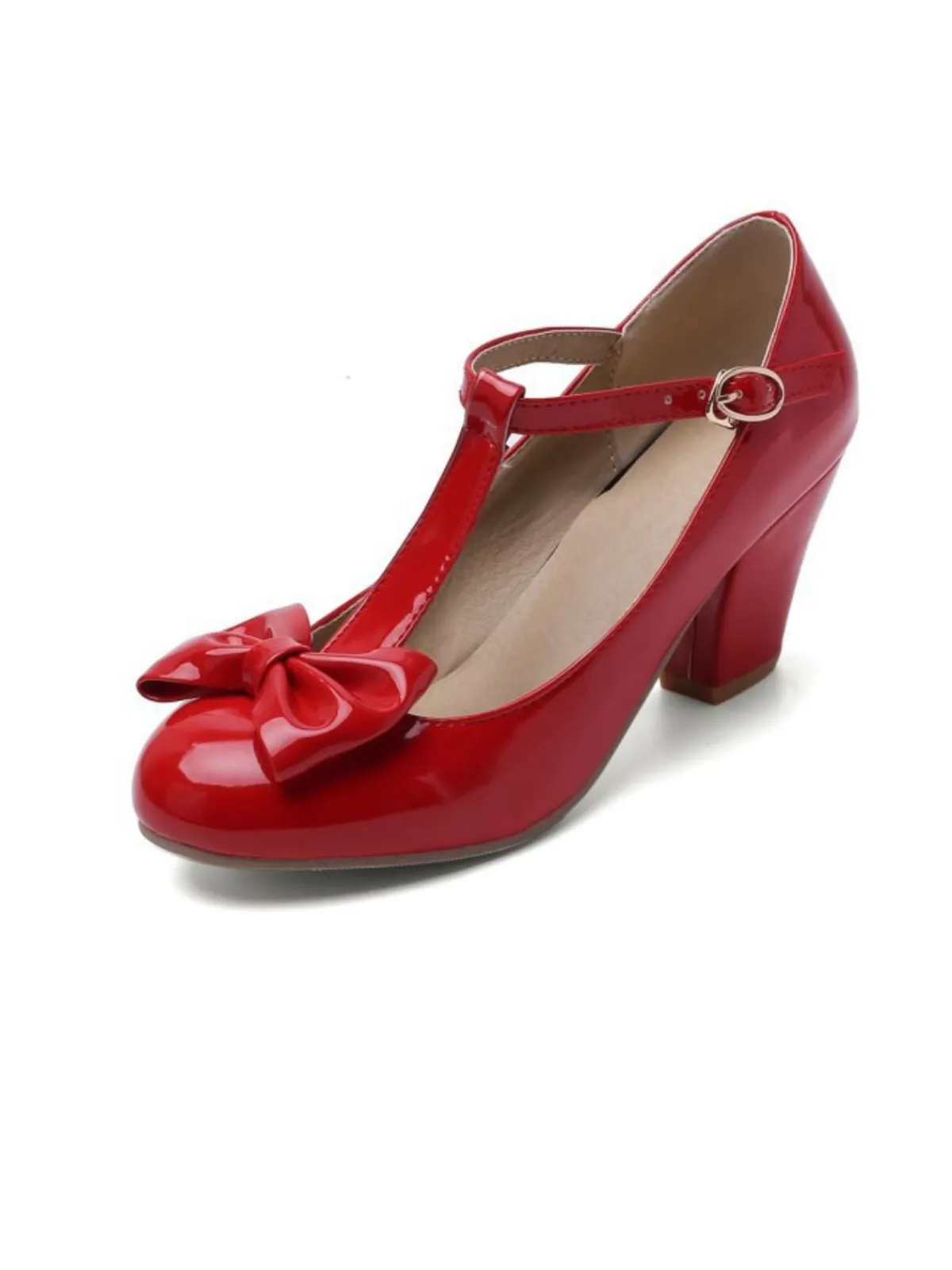 Online Retro Stage Bow Leather T-Strap Chunky Heel Shoes