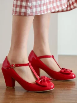 Online Retro Stage Bow Leather T-Strap Chunky Heel Shoes