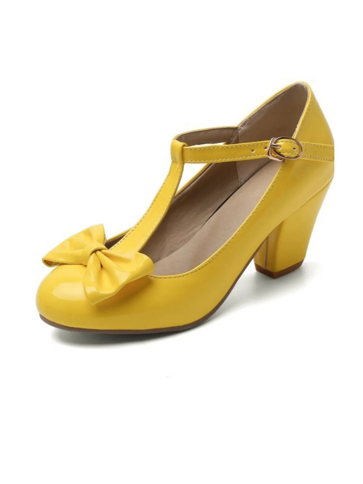 Online Retro Stage Bow Leather T-Strap Chunky Heel Shoes