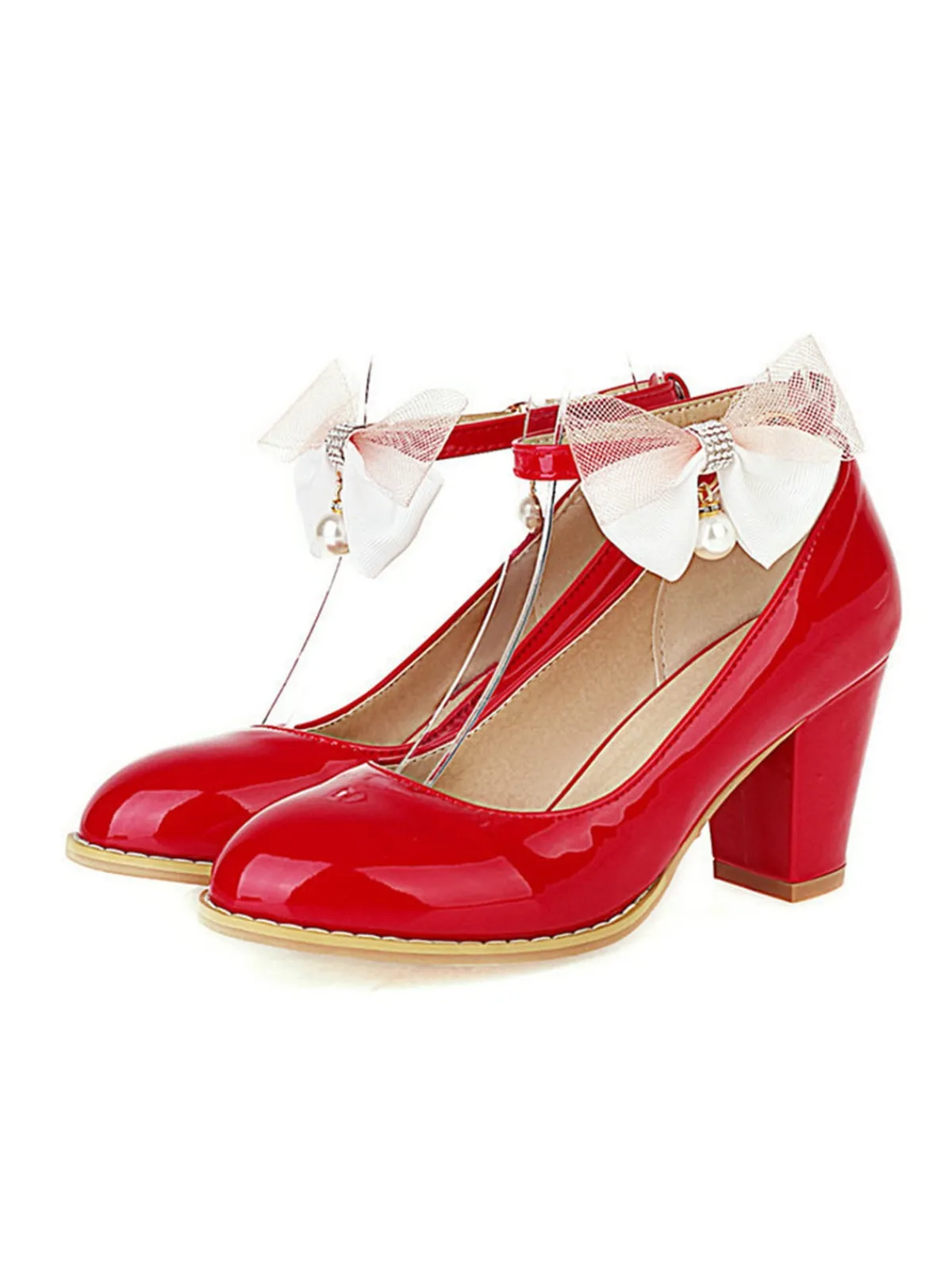 Clearance Retro Stage Bow Patent Leather Mary Jane Chunky Heels