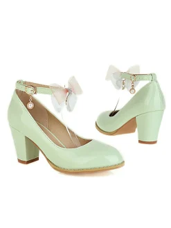 Clearance Retro Stage Bow Patent Leather Mary Jane Chunky Heels