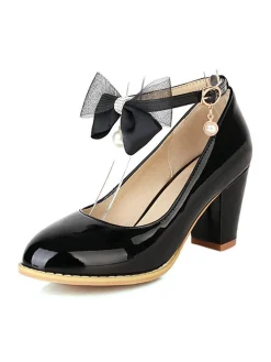 Clearance Retro Stage Bow Patent Leather Mary Jane Chunky Heels