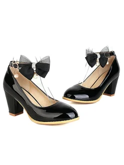 Clearance Retro Stage Bow Patent Leather Mary Jane Chunky Heels