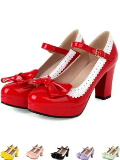 Outlet Retro Stage Bowknot Chunky Heels Mary Jane Shoes