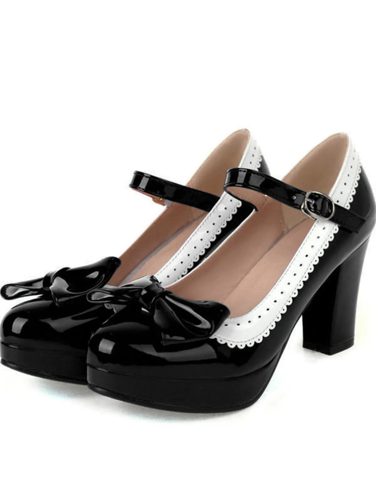 Outlet Retro Stage Bowknot Chunky Heels Mary Jane Shoes