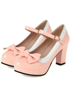 Outlet Retro Stage Bowknot Chunky Heels Mary Jane Shoes