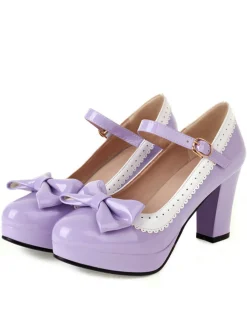 Online Retro Stage Bowknot Chunky Heels Mary Jane Shoes