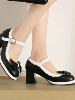 Hot Retro Stage Bowknot Chunky Heels Mary Jane Shoes