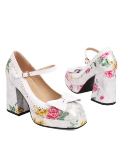 Outlet Retro Stage Bowknot Floral High Heel Shoes