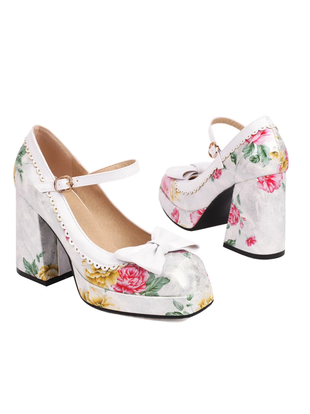 Outlet Retro Stage Bowknot Floral High Heel Shoes