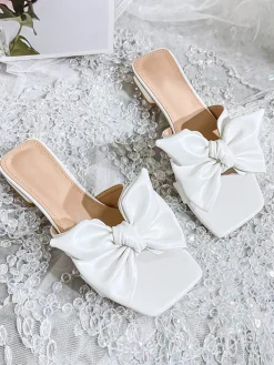 Outlet Retro Stage Bowknot Wedge Low Heeled PU Leather Slippers