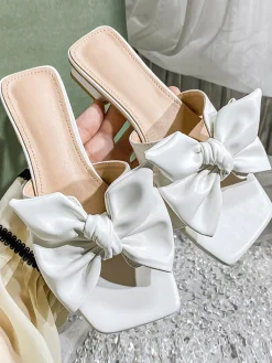 Outlet Retro Stage Bowknot Wedge Low Heeled PU Leather Slippers