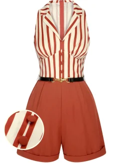 Fashion Retro Stage 1940s Striped Lapel Romper Brick Red