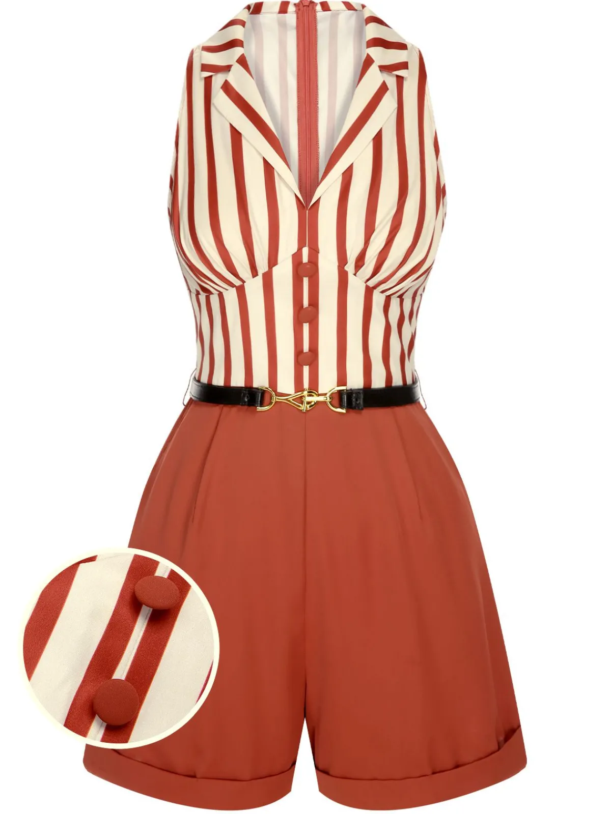 Fashion Retro Stage 1940s Striped Lapel Romper Brick Red