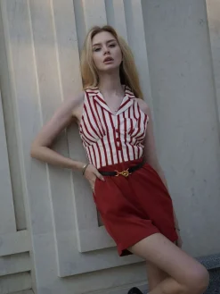 Fashion Retro Stage 1940s Striped Lapel Romper Brick Red