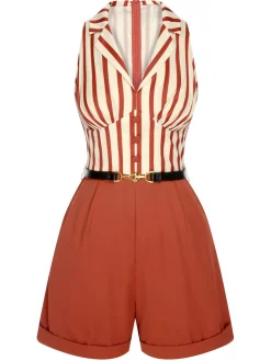 Fashion Retro Stage 1940s Striped Lapel Romper Brick Red