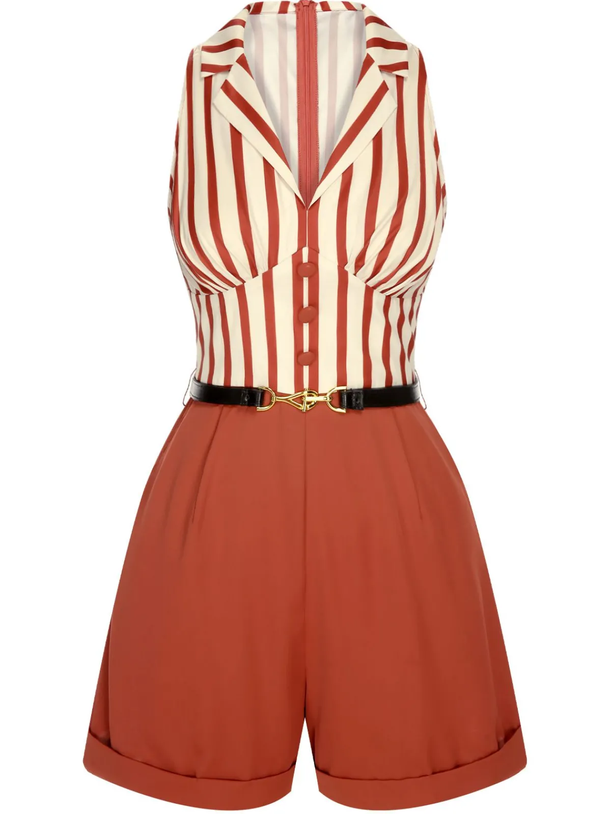 Fashion Retro Stage 1940s Striped Lapel Romper Brick Red
