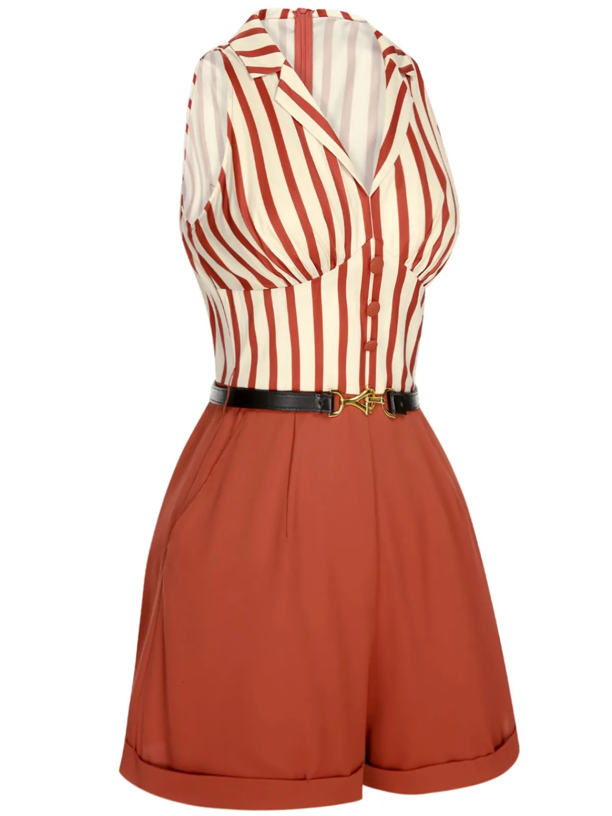 Fashion Retro Stage 1940s Striped Lapel Romper Brick Red